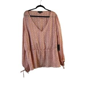 NWT Eloquii Pink Confetti Windowpane V-Neck Semi-Sheer Peplum Long Sleeve Top